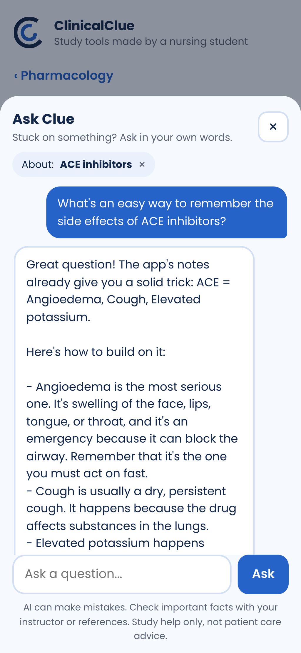 Ask Clue AI study helper explaining ACE inhibitor side effects