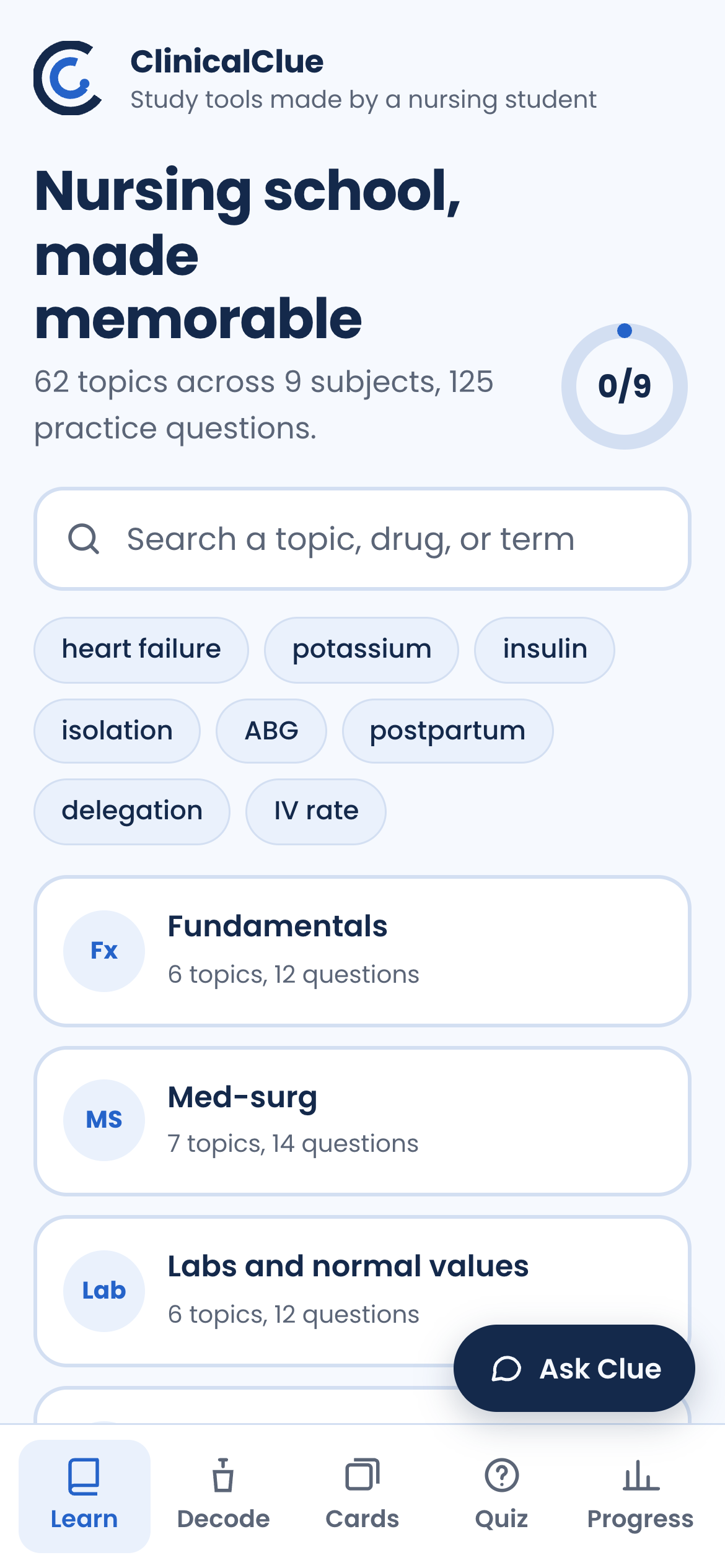 ClinicalClue Study App home screen with search and nine nursing subjects