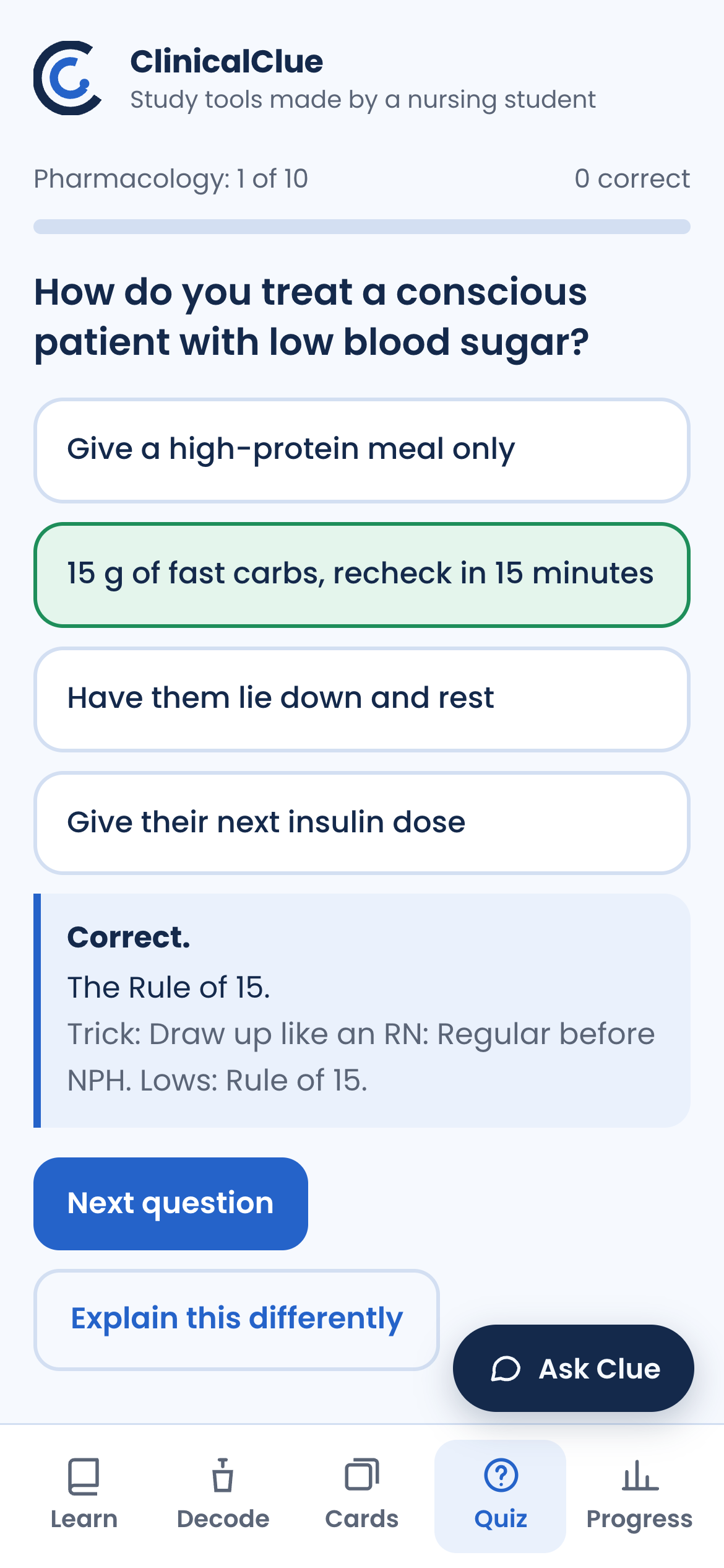 ClinicalClue Study App quiz question with the answer explained