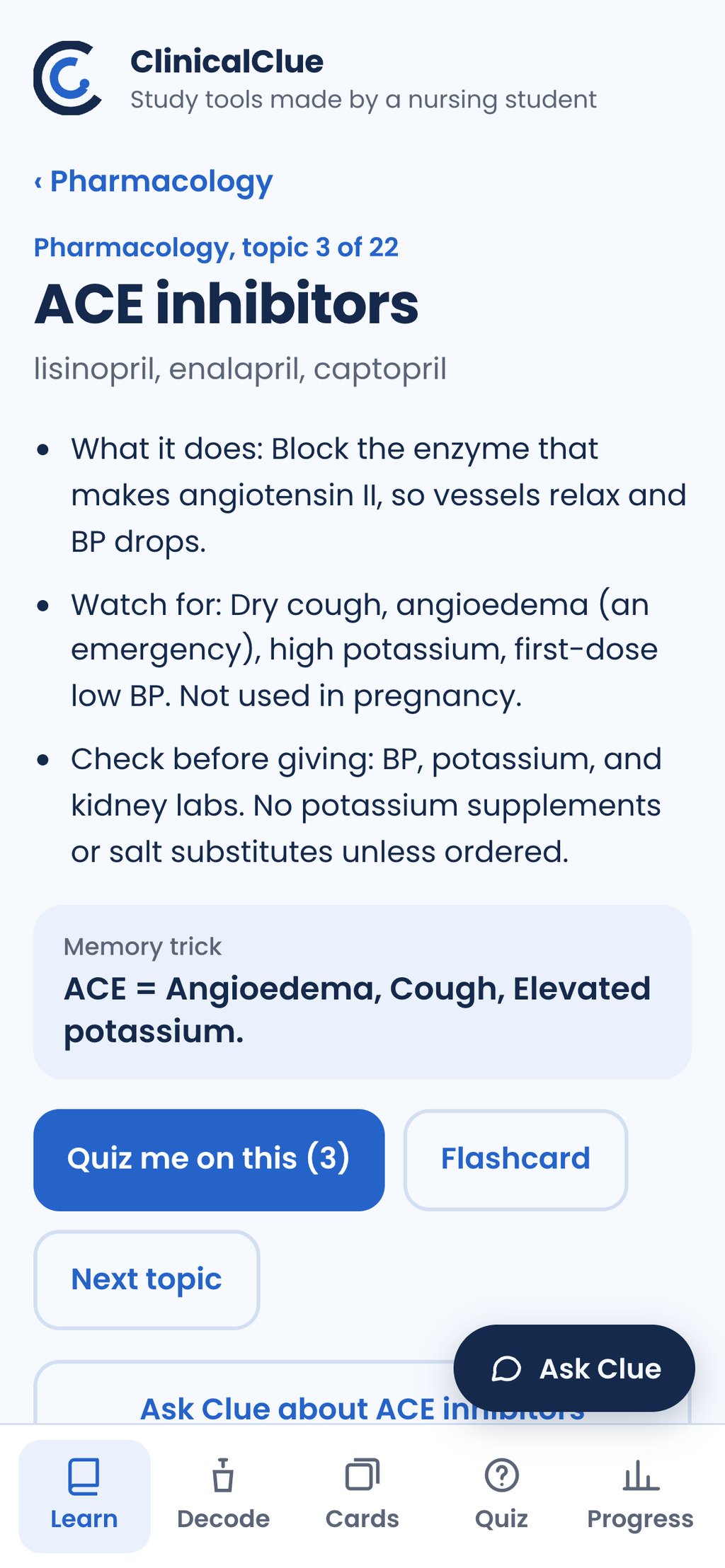 ClinicalClue Study App topic page for ACE inhibitors with a memory trick