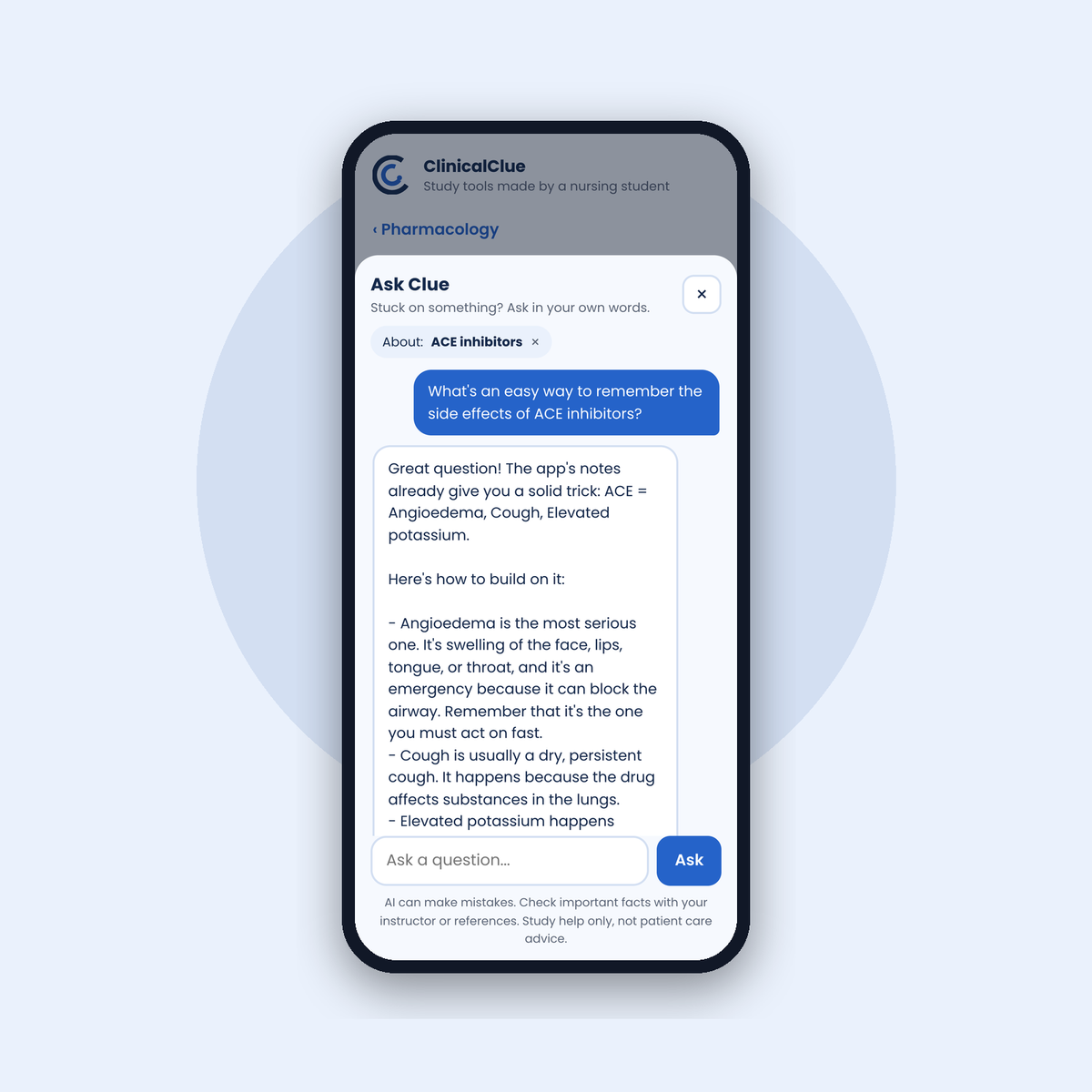 Ask Clue AI study helper on a phone