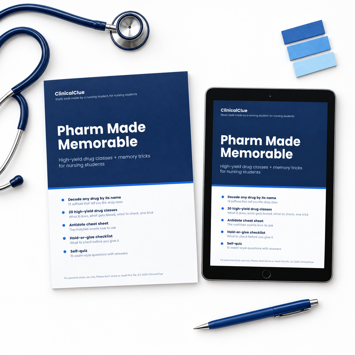 Pharm Made Memorable printed and on iPad, flat lay