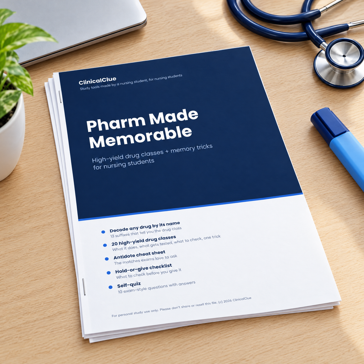Printed Pharm Made Memorable study guide on a study desk